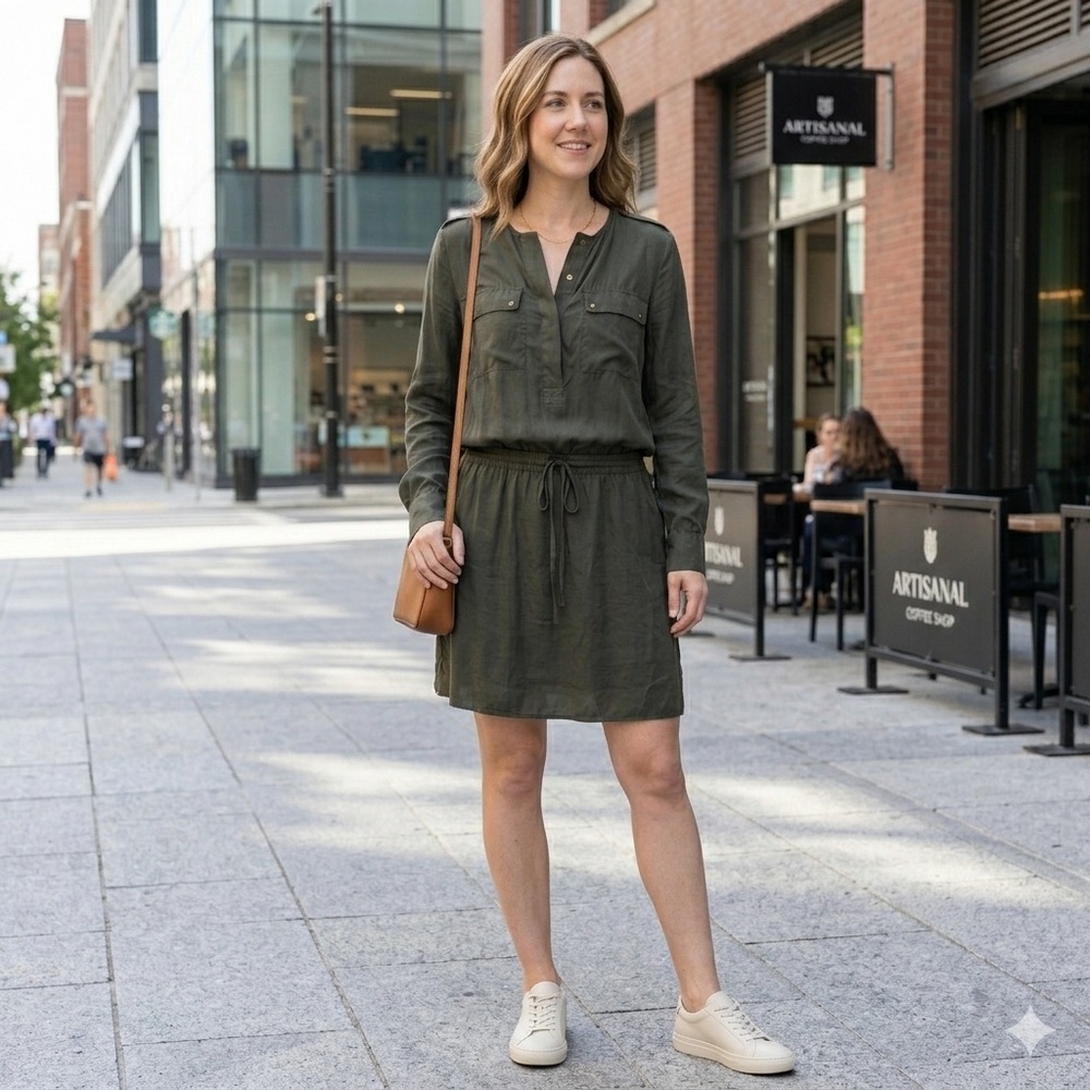 Vince Olive Green Utility Shirtdress Silk-Blend Lyocell Cupro Drawstring Waist S